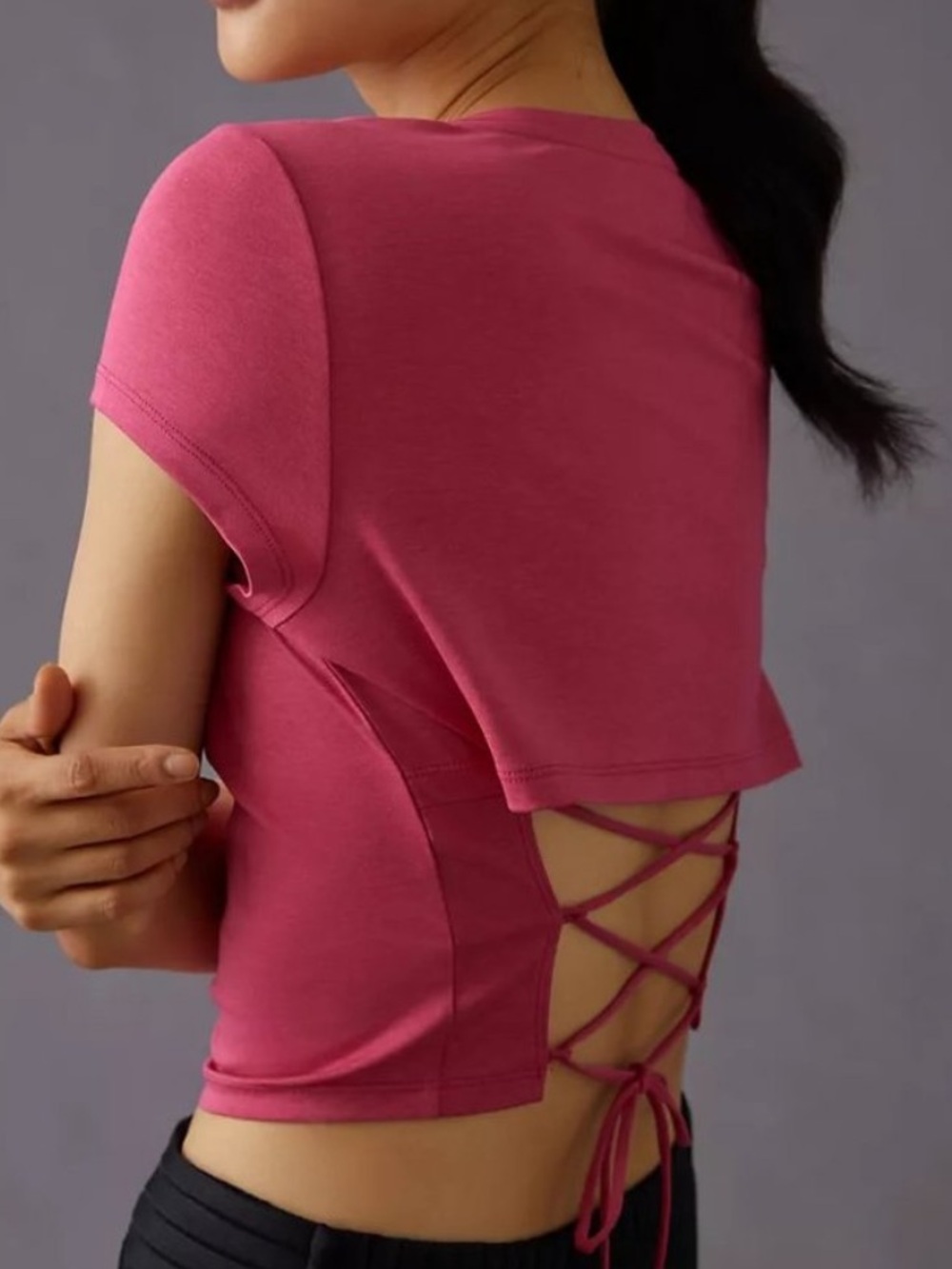 Anthropologie pink lace up back corset style tee shirt top size XS